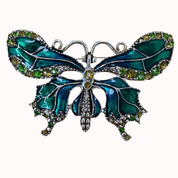 Vintage Monet Butterfly Brooch Green & Blue Enamel Rhinestone Accents Silver Ton - Picture 1 of 6